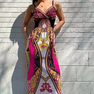 Paisley Maxi Dress Pink Gold Y2K Boho Bodycon